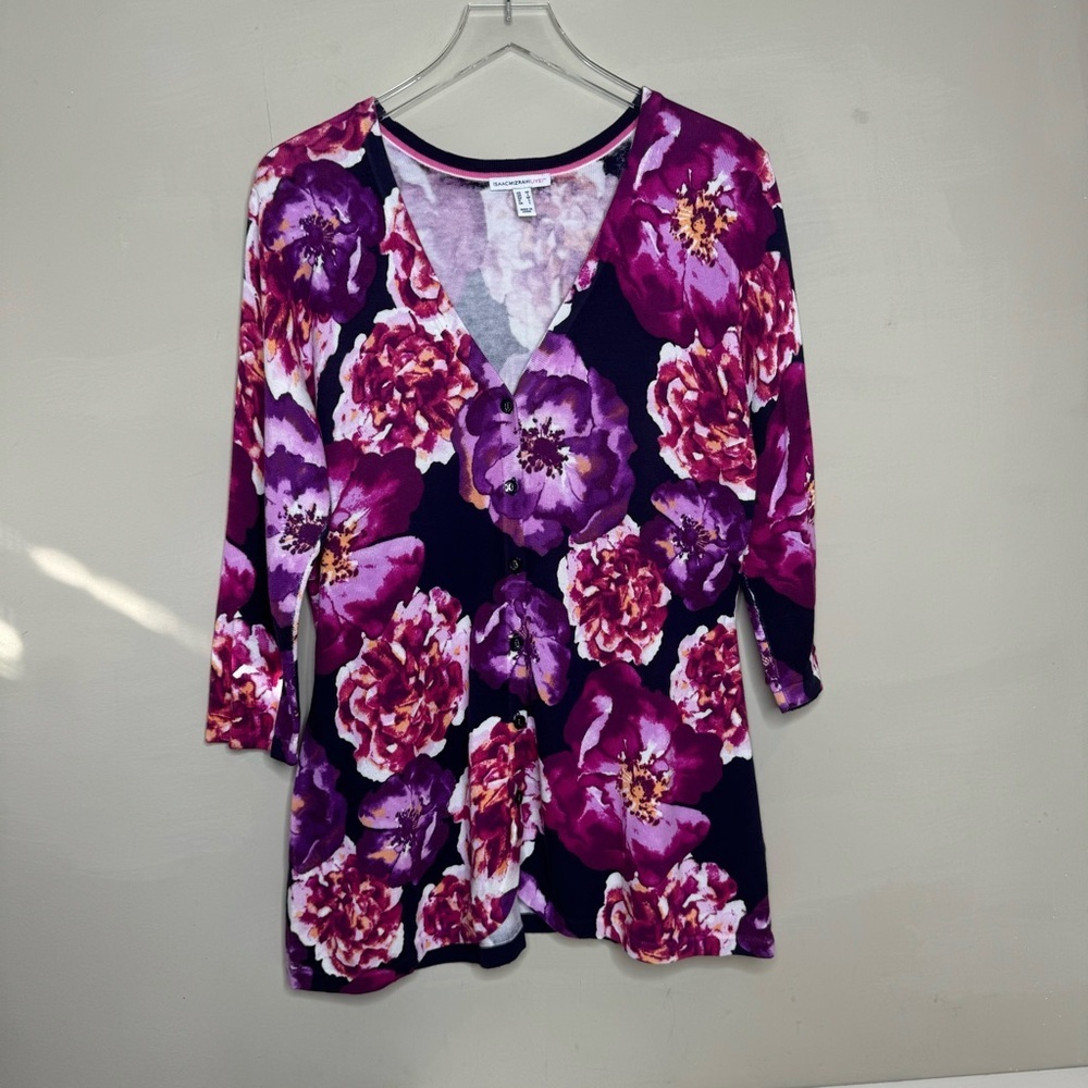 Isaac Mizrahi M Purple Floral Button Cardigan V-neck 3/4 Sleeves